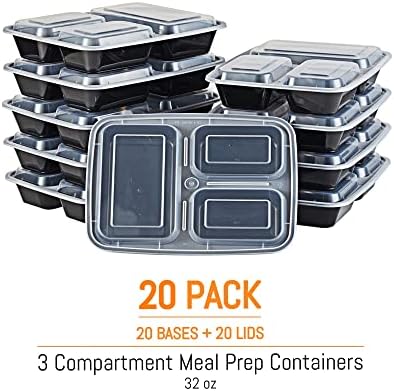 Nutribox [20 חבילות 3 מיכל הכנה לארוחה עם מכסים, קופסת בנטו עמידה, ניתנת לערמה, ניתנת לשימוש חוזר - BPA בחינם,